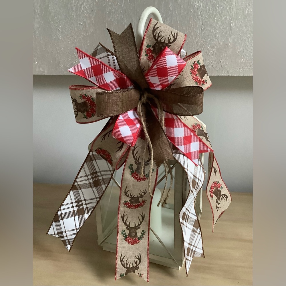Red & Brown Xmas Deer Bow, Wreath Bow, Wreath Accent, Lantern Bow, & Winter Bow.